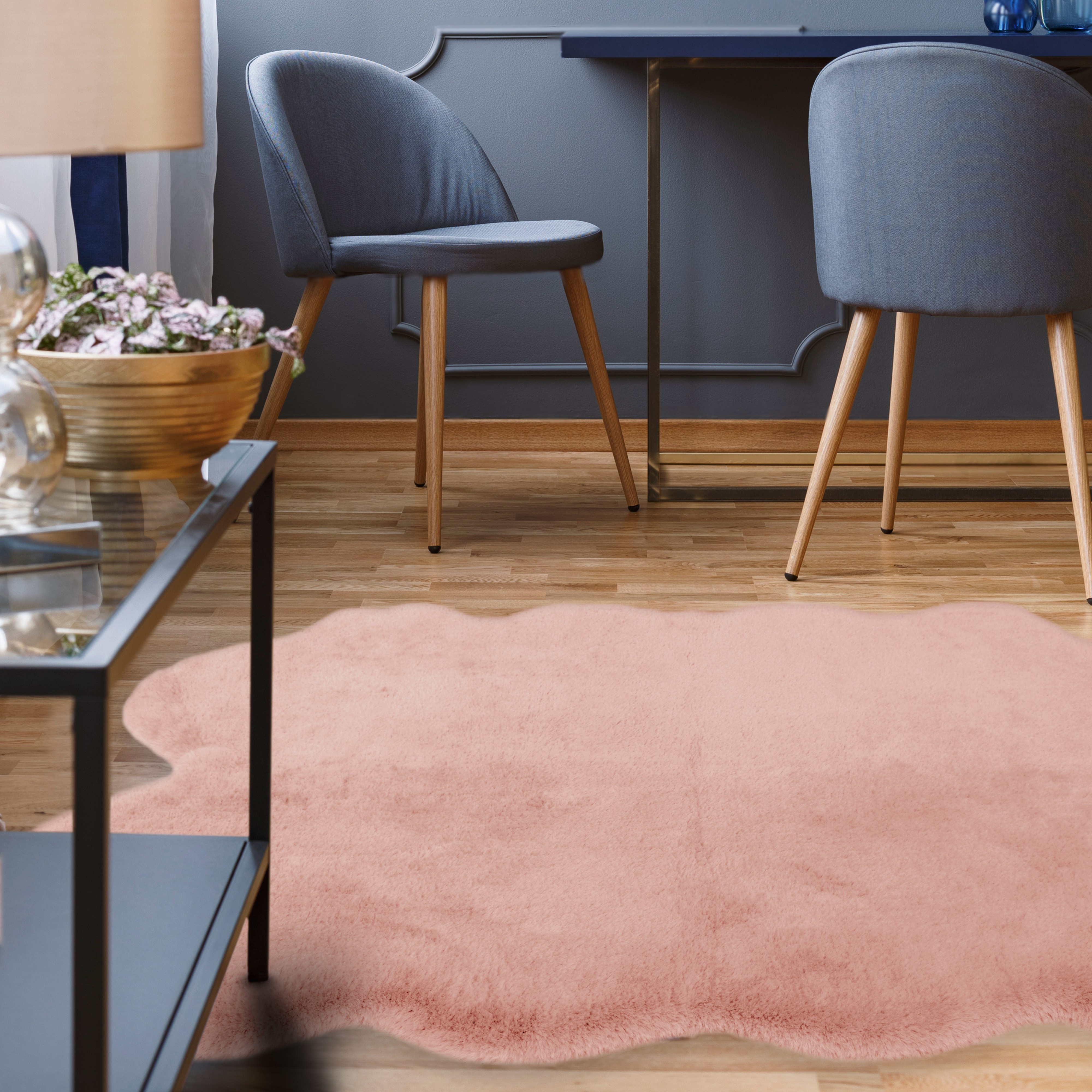 Luxury Faux Fur Plain Modern Shaped Rug 3 In Blush Pink